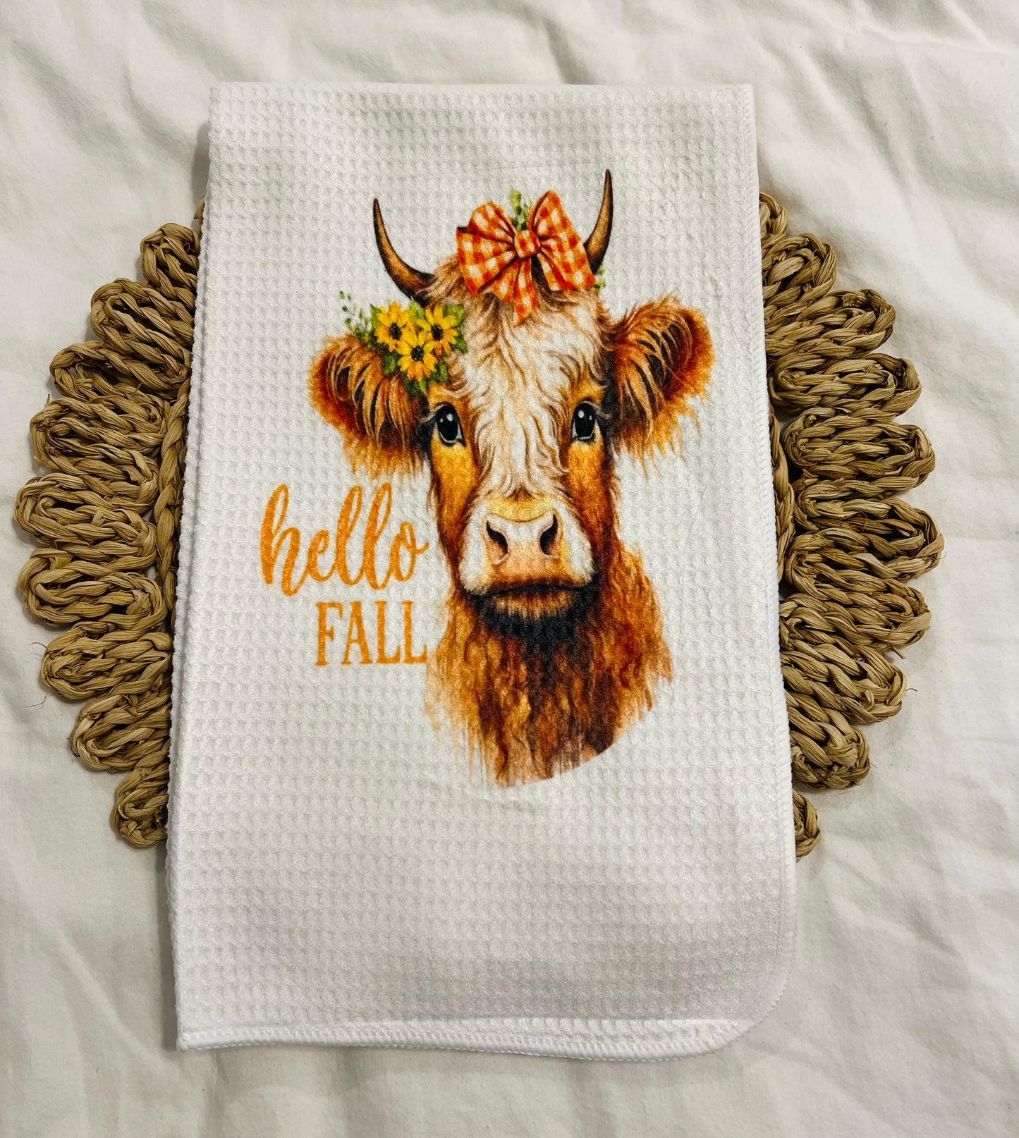 Hello fall cow hand towel