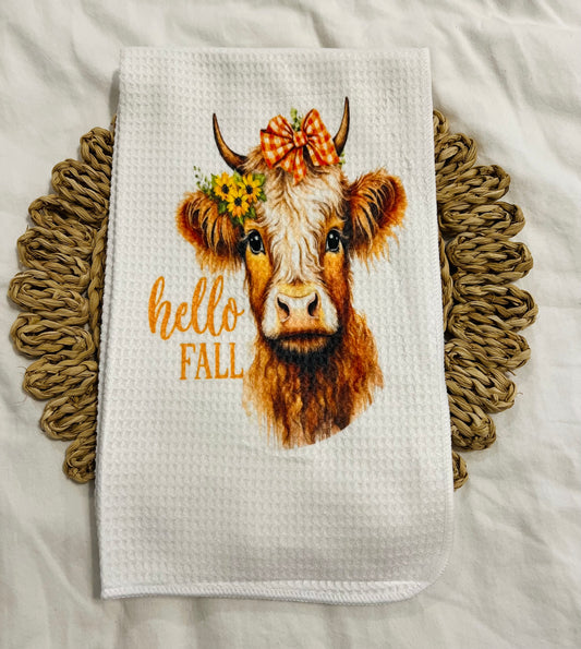 Hello fall cow hand towel