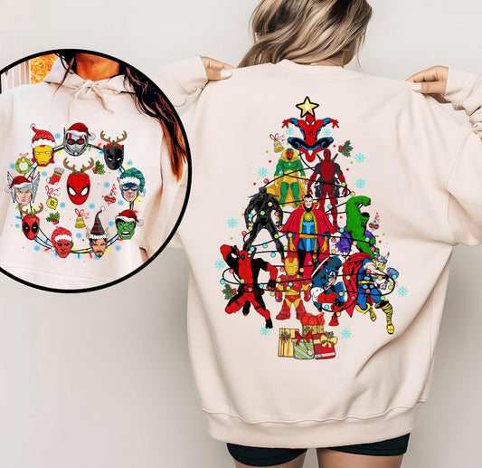 Superhero Christmas tree front and back crew sweater
