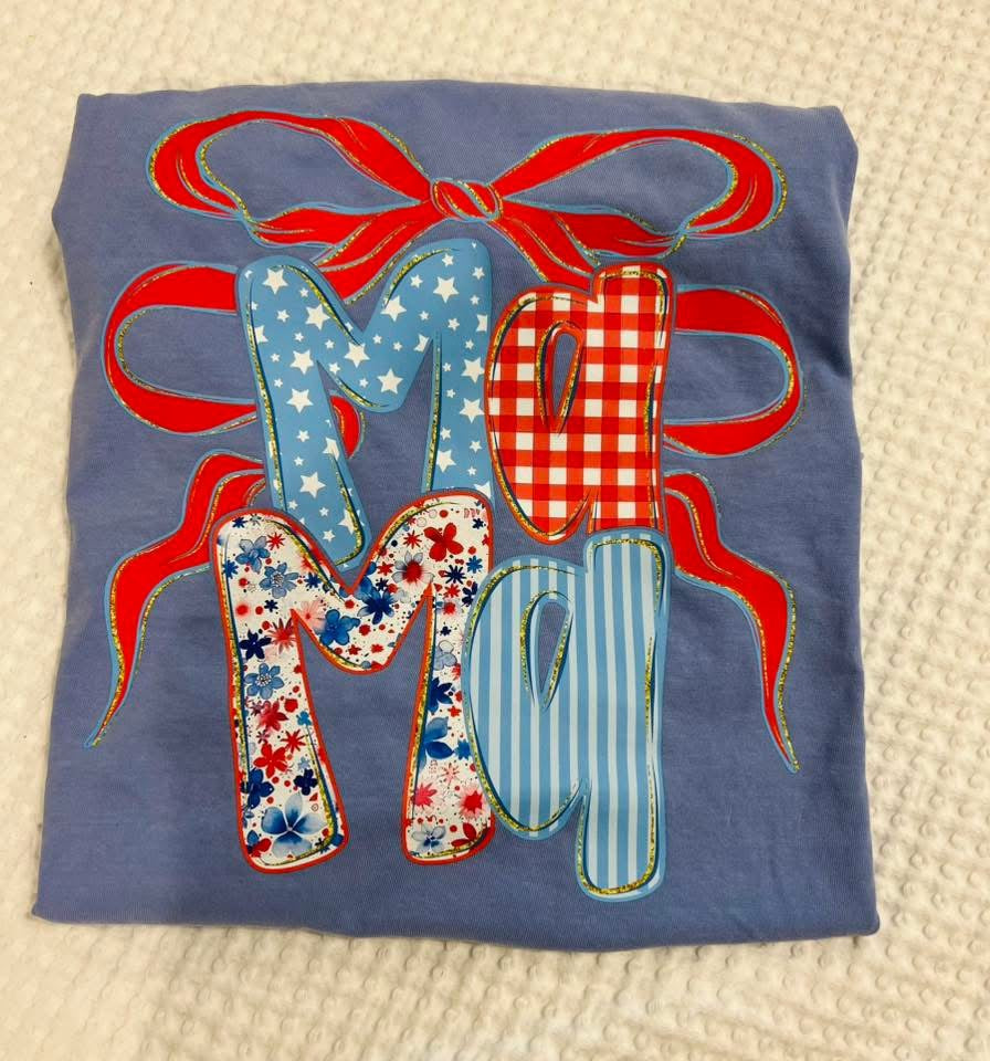 Patriotic Mama bow above CC t-shirt washed denim